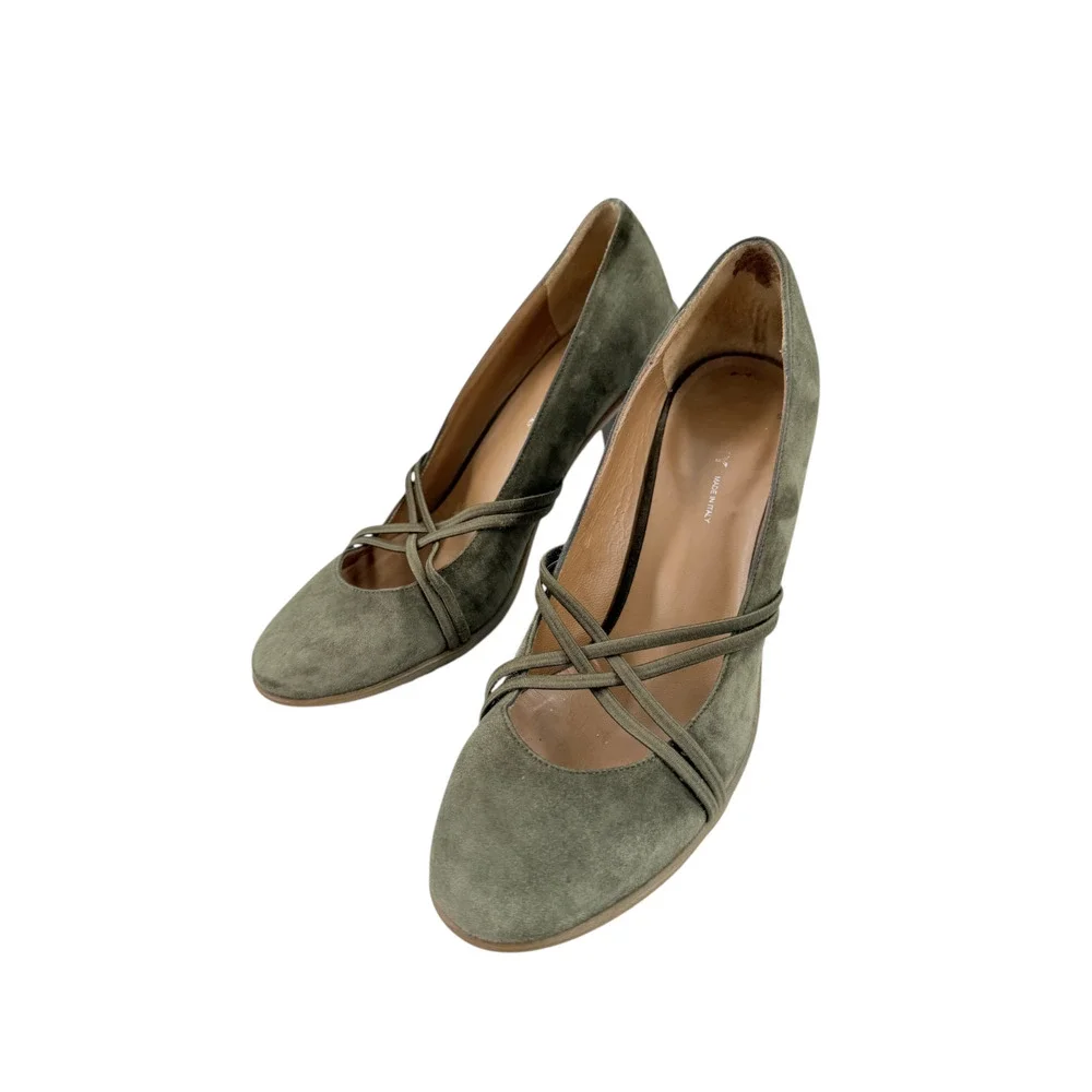 VTG Donna Karan Olive Green Suede Pumps Heels Sz 8 Strappy Made Italy Y2K Preppy